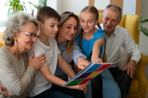 Family sitting on the couch looking at a photo album of their Italian family tree